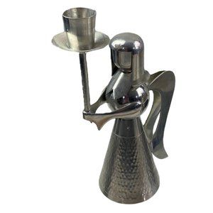 Vintage Mid Century Modern Banka Silver Tone Tin Angel Candle Stick Holder 9"
